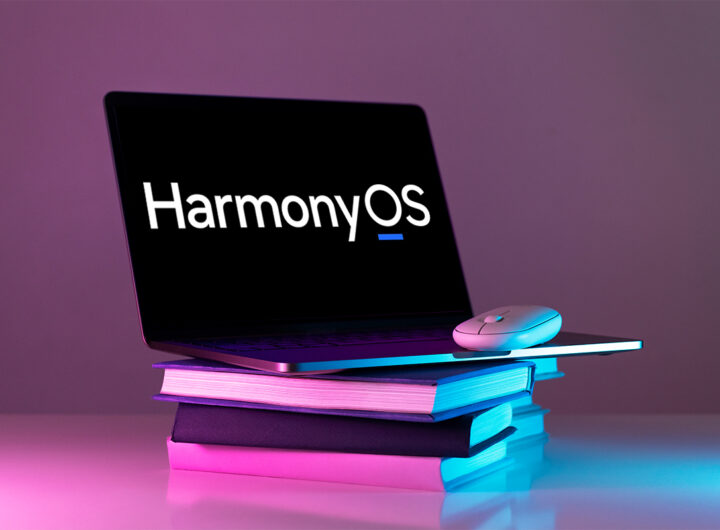 Huawei HarmonyOS MateBook Pro laptop with AI assistant and taskbar visible on screen