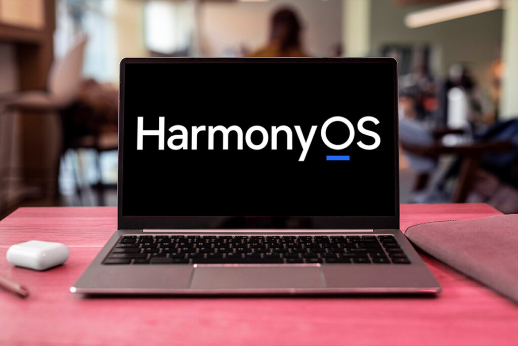 Huawei HarmonyOS MateBook Pro laptop with AI assistant and taskbar visible on screen