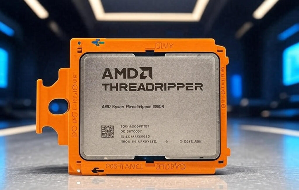 The image shows an AMD Threadripper processor, specifically the AMD Ryzen Threadripper 9980X, mounted in an orange carrier frame. The processor has the AMD logo and "THREADRIPPER" branding prominently displayed on its surface, along with additional details such as "AMD Ryzen Threadripper 9980X," a QR code, and manufacturing information including "MADE IN MALAYSIA" and "© 2024 AMD."