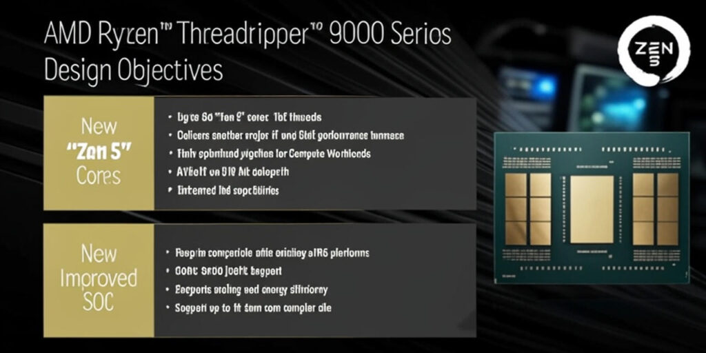 New 'Zen 5' Cores" and "New Improved SOC." The "New 'Zen 5' Cores" section lists features including up to 96 "Zen 5" cores and 192 threads,