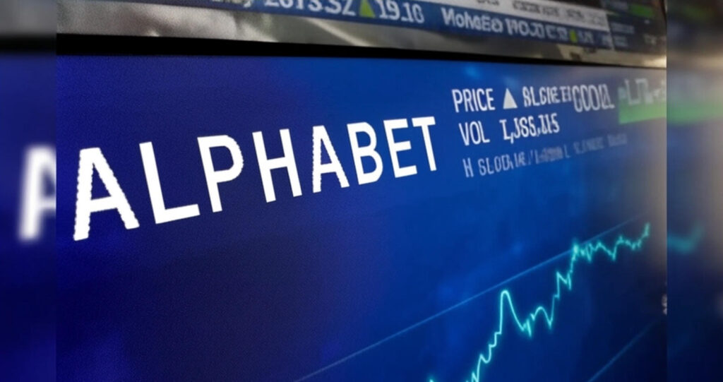A digital stock market display featuring the "Alphabet" ticker with a rising stock price of $1,072.00 and a trading volume of 1,383,315, accompanied by a fluctuating green graph, symbolizing the tech industry's financial performance.